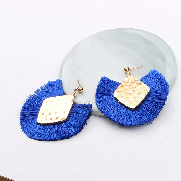 Royal blue Bohemian Fanshaped Tassel Earrings Statement Korean Earrings Indian Boho Fashion Jewelry Orecchini Donna Kolczyki Damskie - Окраска металла: Royal blue