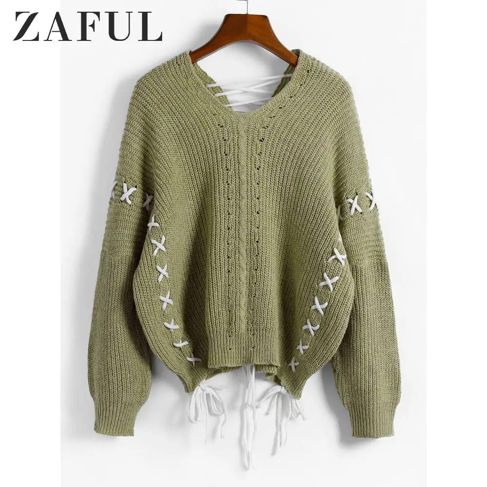 ZAFUL вязаный свитер на шнуровке с открытыми плечами повседневные стильные