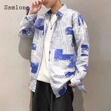 

Samlona Plus Size 3xl Mens Fashion Shirts Long Sleeve Blouses 2021 Newspaper Print Top Casual Pullovers Sexy Male Shirt blusas