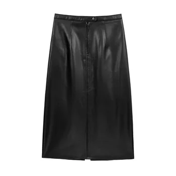 

Autumn and winter women's skirts casual solid color high waist pockets supplier imitation leather skirts