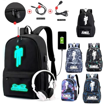 

Billie Eilish Backpack Men Plecak Canvas Luminous Blue Light Waterproof Bags Anti-theft USB Charging for Student Bagback