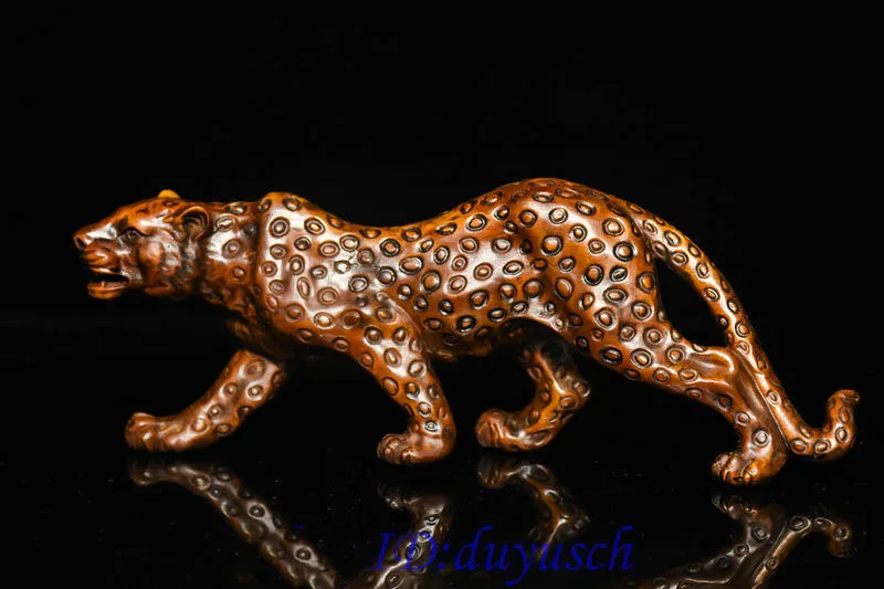 

Christmas 8" Chinese Boxwood wood Carved leopard panther Panthera pardus Feng Shui Statue Halloween
