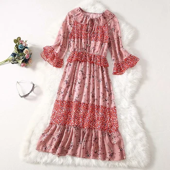

High Quality Latest Paris Fashion Show 2020 Spring Women's Peter Pan Collar Floral Print Casual Dress