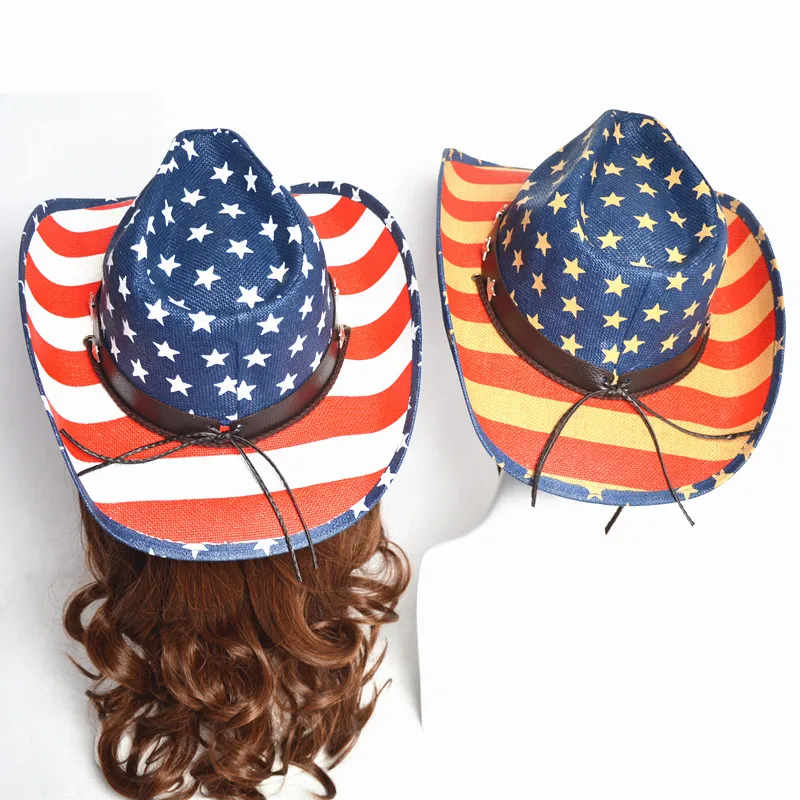 Качественный американский флаг Панама западная ковбойская шляпа Матросская танцевальная шляпа индивидуальная pull wind steppe stars jazz hat cowgirl