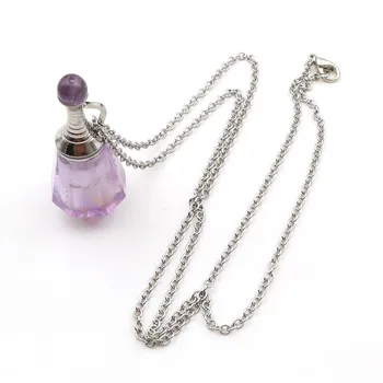 

XSM Perfume Bottle Pendant Stainless Steel Necklace for Women Men Essential Oil Diffuser Natural Amethysts Crystal Stone Jewelry