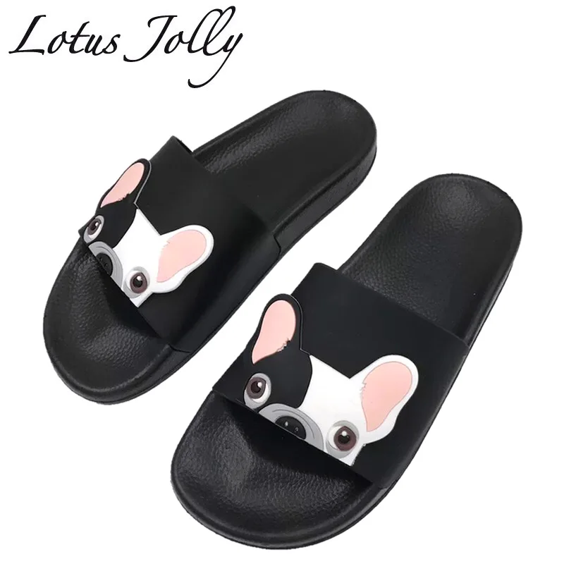 

Cute Dog Cartoon Women Slides Fashion Pu Leather Beach Shoes Women Flat Heels Flip Flops Barefoot Slippers zapatillas Mujer
