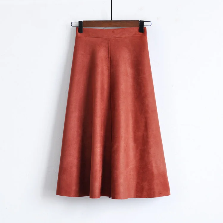 Корейский стиль, Осенние бархатные юбки средней длины в стиле ретро, юбки трапециевидной формы, замшевые расклешенные юбки до колена, синие зеленые юбки - Цвет: rust red