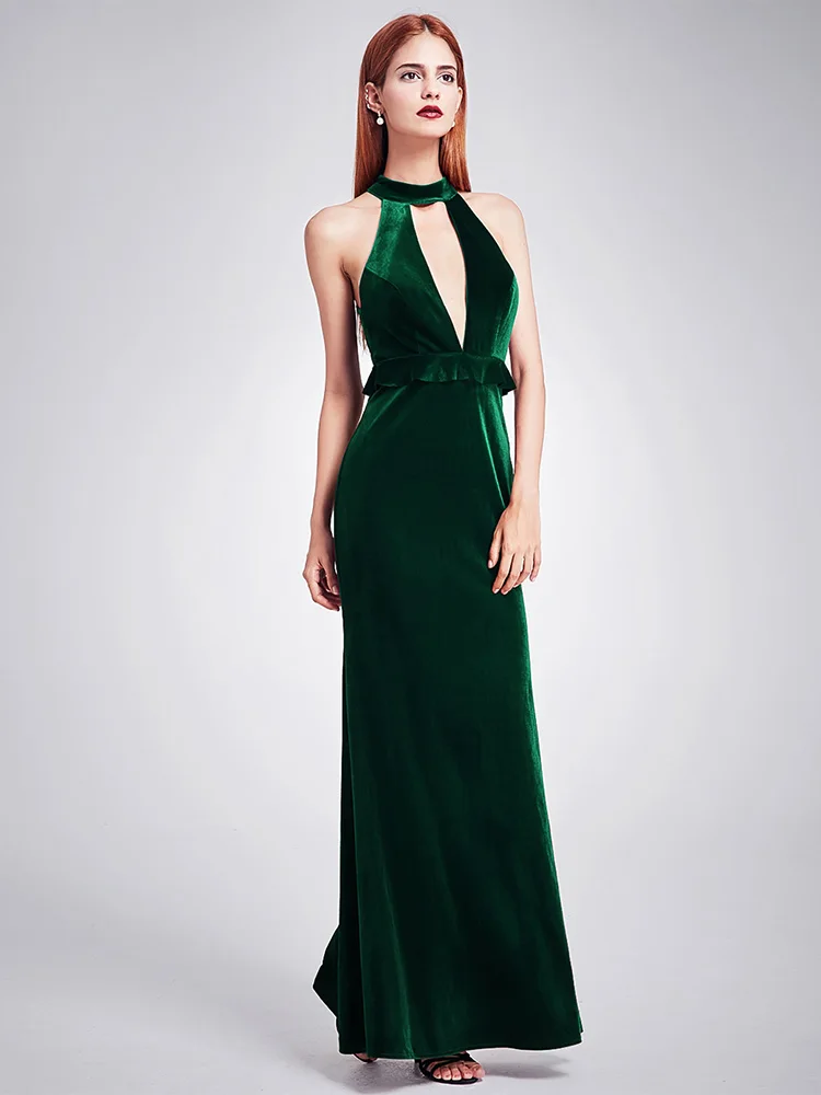 Dark green Это Yiiya официальное платье с v-образным вырезом, велюровое ТРАПЕЦИЕВИДНОЕ женское вечернее платье элегантного размера плюс, длинное платье без рукавов C412 - Цвет: Dark green