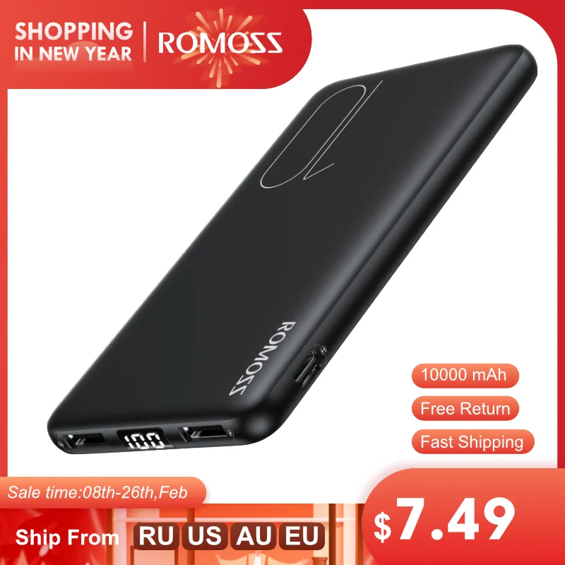  ROMOSS PSP10 внешний аккумулятор 10000 мАч тонкий портативный внешний аккумулятор 10000 мАч USB LED внешний аккумулятор зарядное устройство поверб…