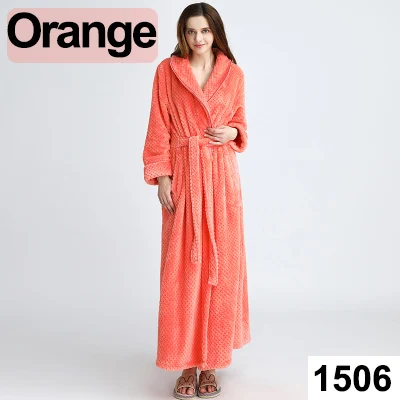 Женский и мужской удлиненный теплый халат из кораллового флиса, зимний плотный фланелевый теплый банный халат, кимоно, халат, пеньюар для невесты - Цвет: Women Orange