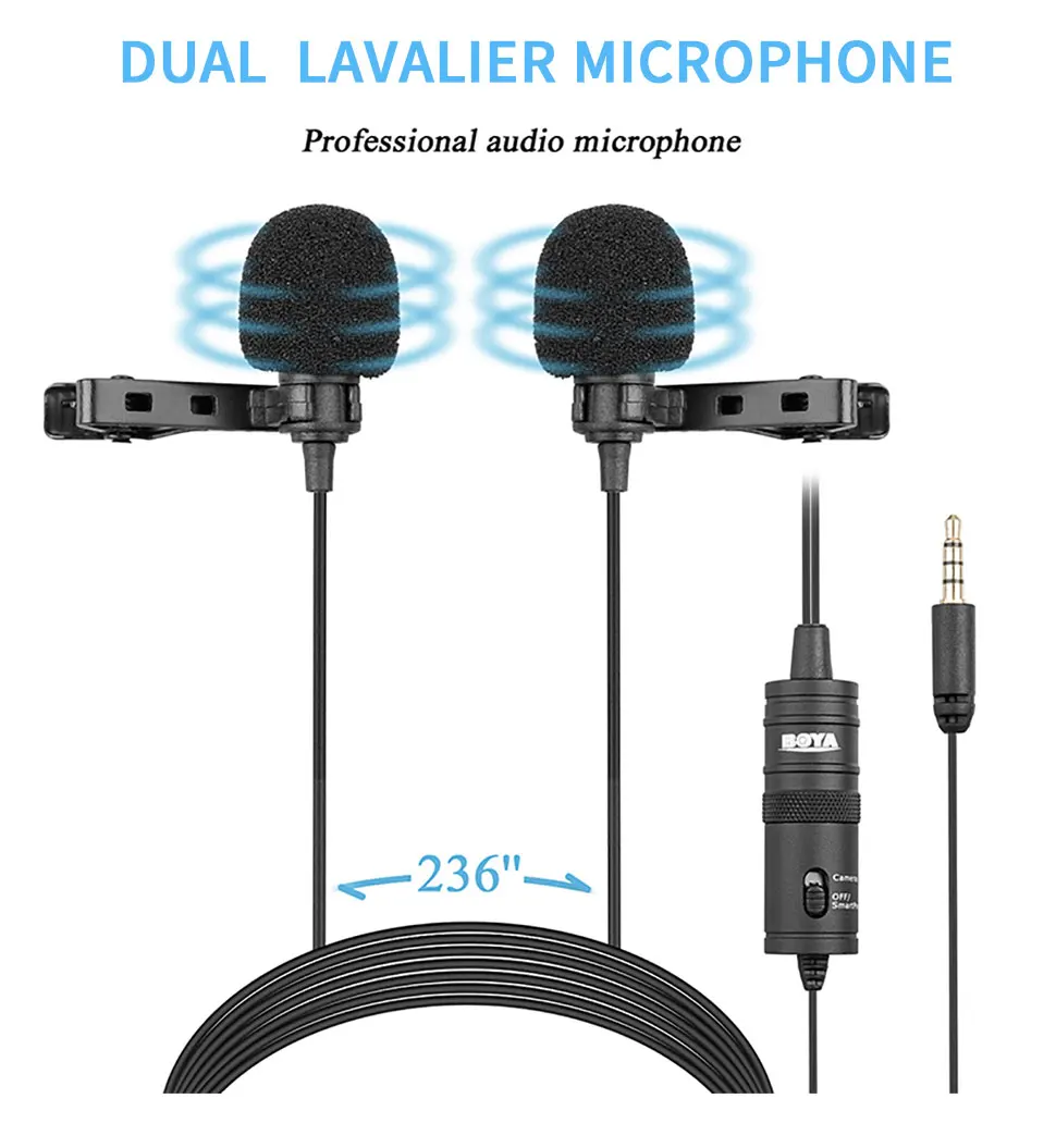 BOYA BY-M1DM 4m Professional Lavalier Condenser Microphone 3.5mm TRRS Dual-Head Streaming Lapel Microphone for PC Mobile Phone