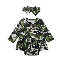 

OPPERIAYA Newborn Long Sleeve Ruffle Round Neck Bodysuit Dress Bow Headband Camouflage Pattern Printing Autumn Cotton Clothing