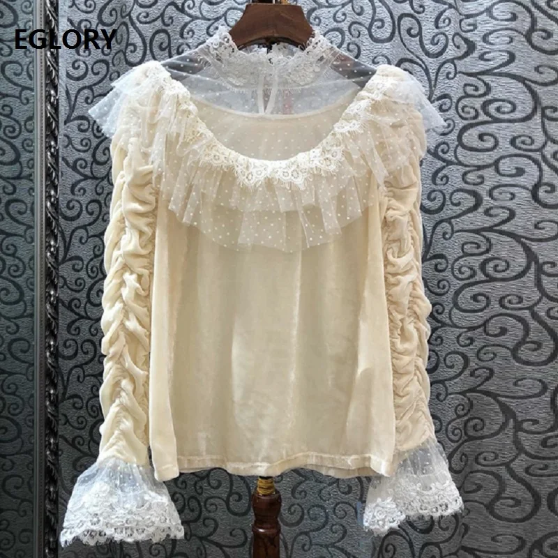 

Top Quality Designer Blouse Shirts 2019 Autumn Apricot Black Tops Women Sexy Sheer Mesh Lace Patchwork Flare Sleeve Vintage Tops