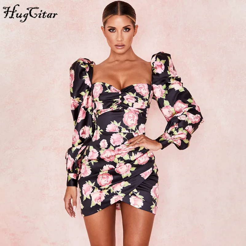 Beste Hugcitar 2019 Rose Bloemenprint Lange Puff Mouwen Ruches Sexy Mini Jurk Herfst Winter Vrouwen Party Elegant Streetwear Outfits