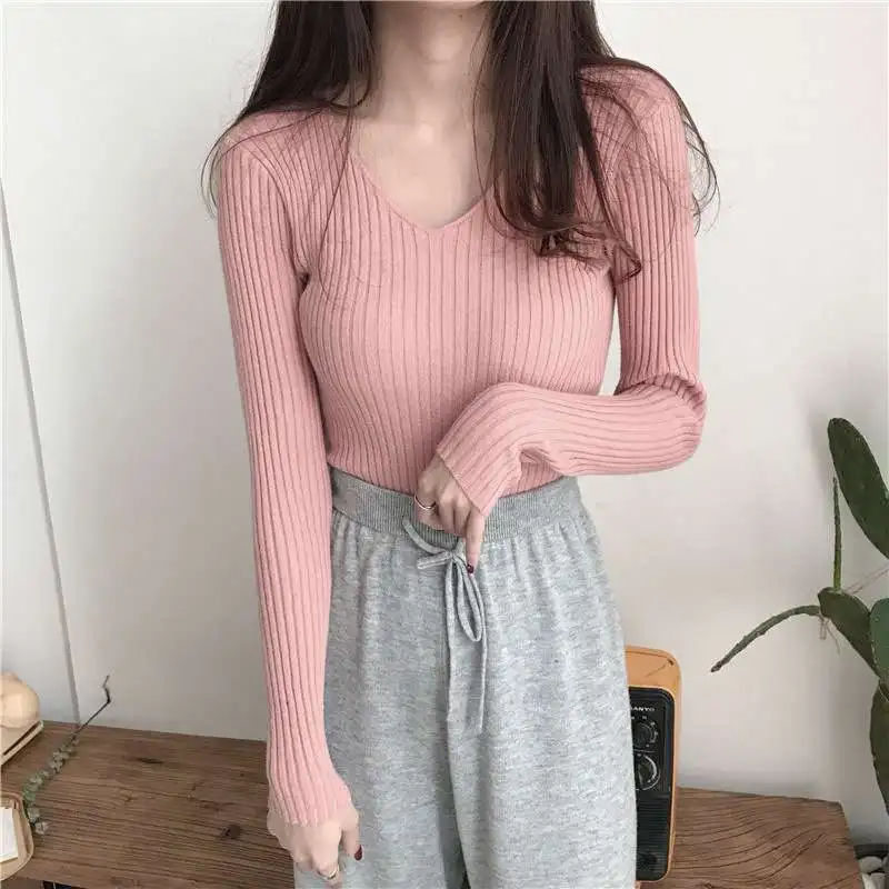 

Romexp Comfortable Sweater Knitted Slim Long-Sleeved Sweat-Absorbent 2020 V -Neck Solid Color Women