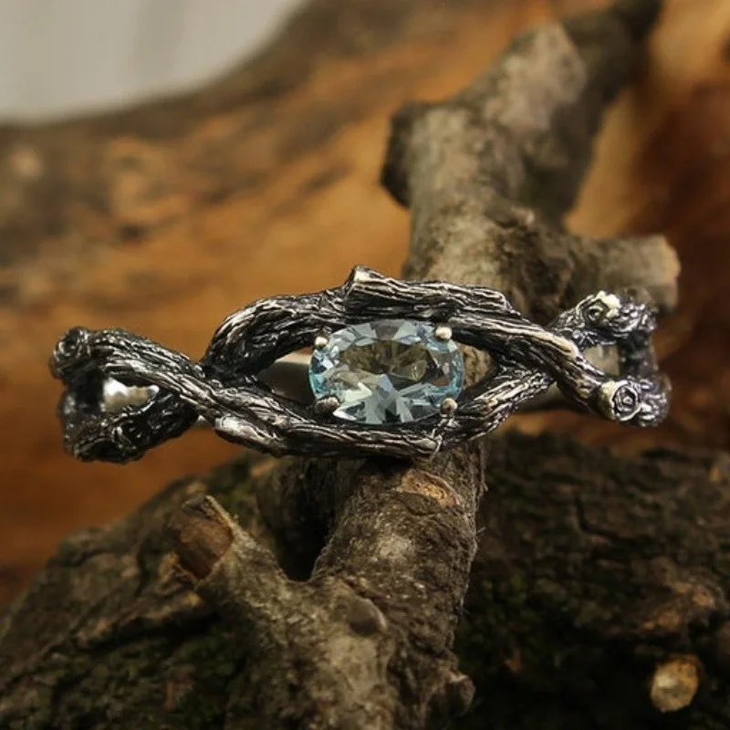 Braided Twig Engagement Ring with Topaz for Women Unique Gift for Bride