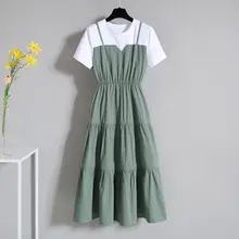 

New 2021 Dress Women Ruffles Fake Two-piece Long Dress Summer Short-sleeved Dress Female Fashion Plus Size Clothing for Women