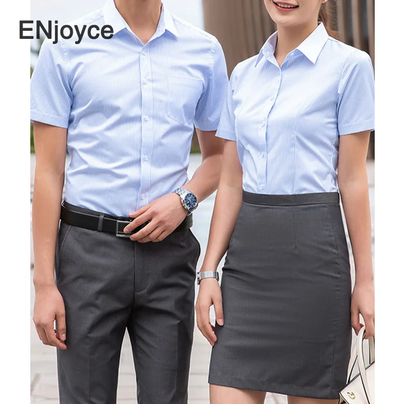 

Summer Basic Striped Workwear Short Sleeve Shirts Women/Men Bussiness Professional Shirts Office Ladies Tops Uniform Blouse