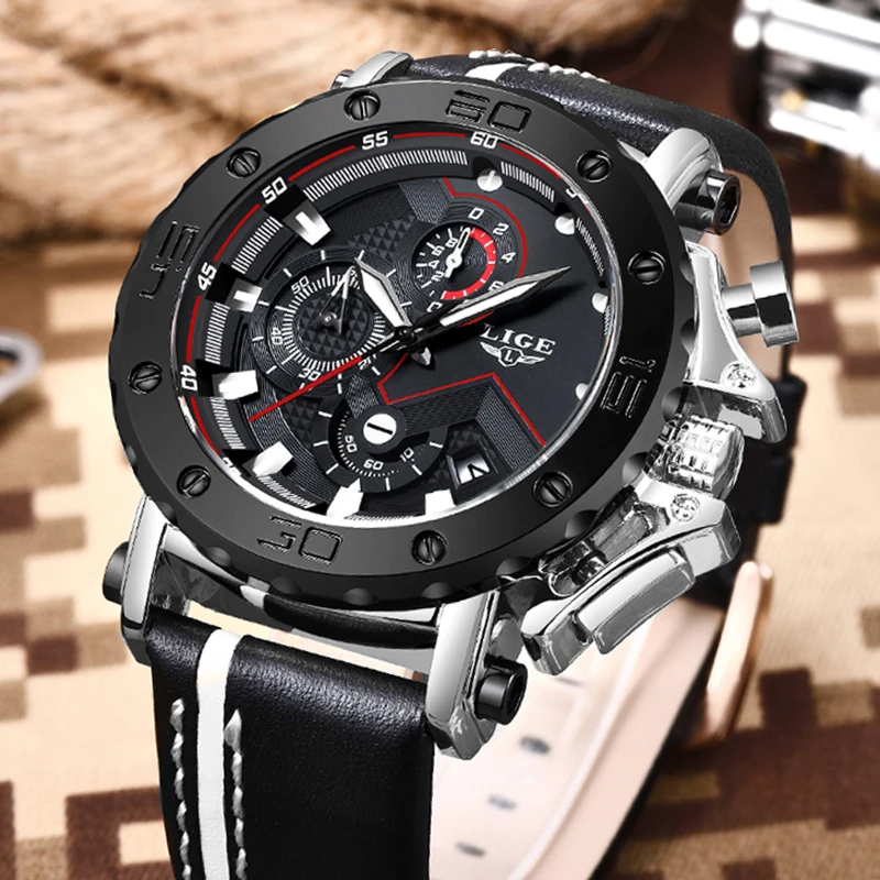 Lige New Watches Mens Top Luxury Brand Military Sport Quartz Men Watch Leather Waterproof Luminous-3