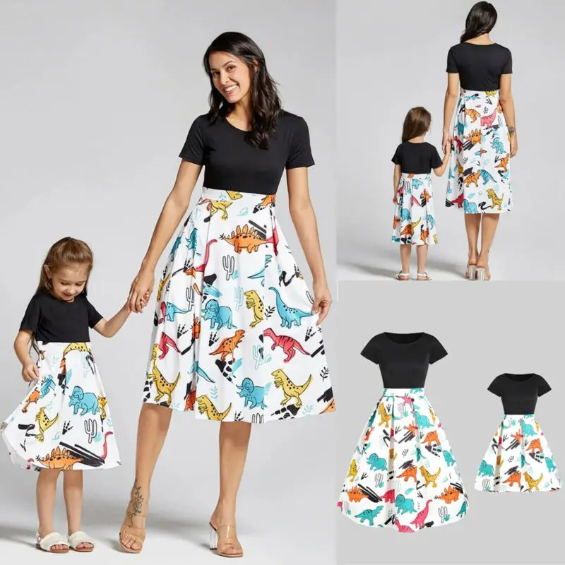 

Mother&Daughter Family Matching Outfits Boho Animal Print Short Sleeve Clothes Parent-Child Dress Family Matching Outfits Set