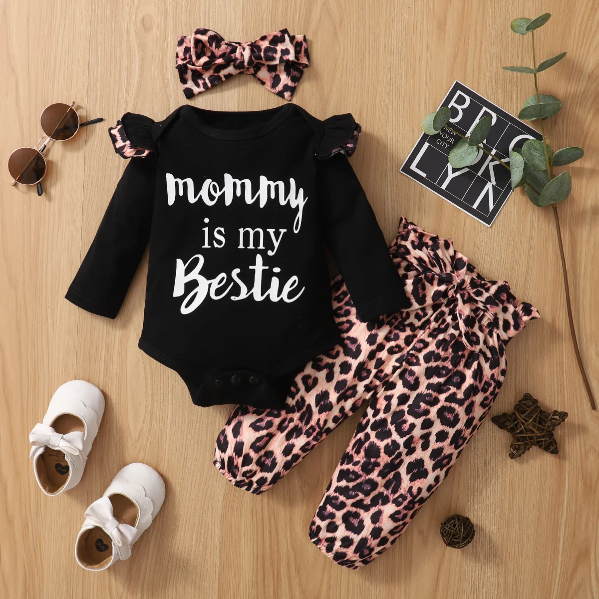 vintage Baby Clothing Set Newborn Infant Baby Girls Clothes Sets Fashion Girls Letter Print Leopard Print Romper Pants Headband 3PCS Outfit Girls Clothing baby dress set for girl
