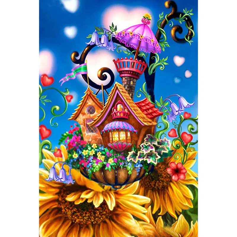 

DIY Diamond Mosaic Cartoon Flower House Needlework Full Square Diamond Painting Cross Stitch Diamond Crystal Wall Art