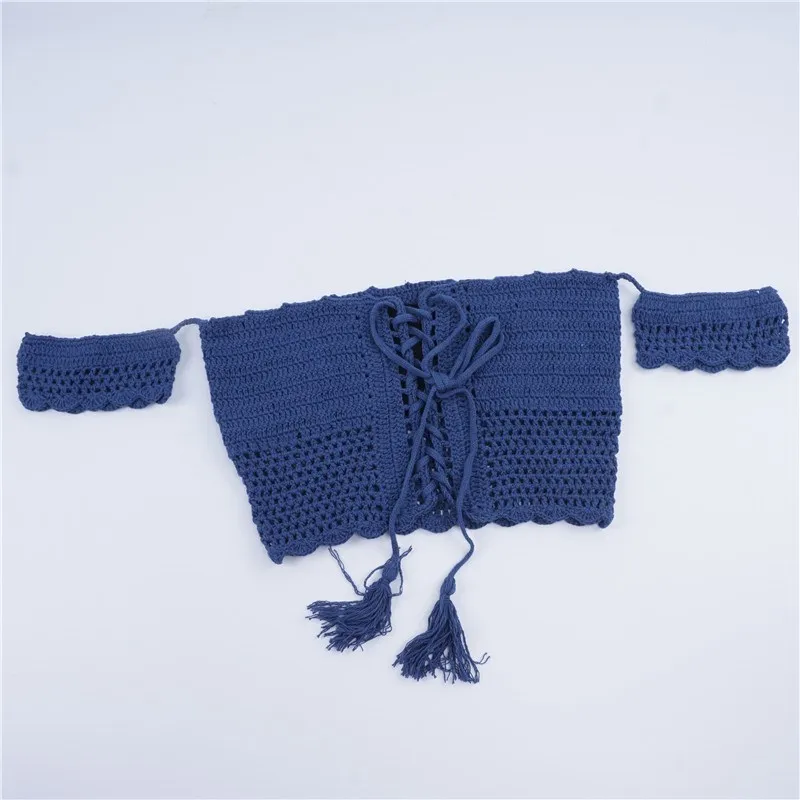 Dark blue Женские Сексуальные Вязаные Короткие топы, бикини, пляжная одежда с открытыми плечами, безрукавка в богемном стиле, Повседневная кружевная майка - Цвет: Dark blue