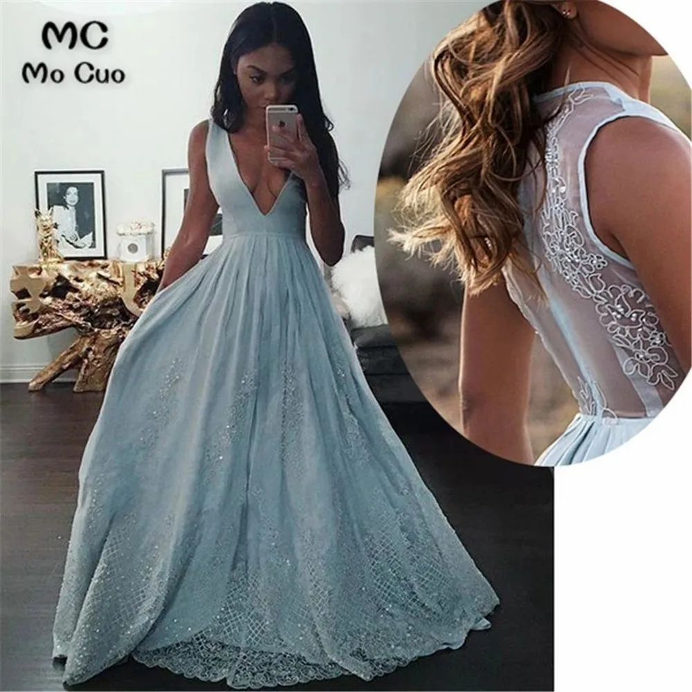 Illusion Light Blue A-line V Neck Long Prom Dresses With Lace Appliques,Evening Party Dress (2)
