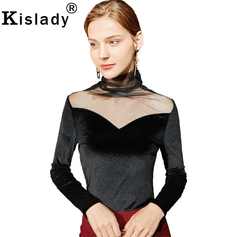 Kislady осень зима женский темперамент черепаха шеи велюровые Рубашки Пэчворк OL сетчатый в готическом стиле топы Корейская одежда Harajuku