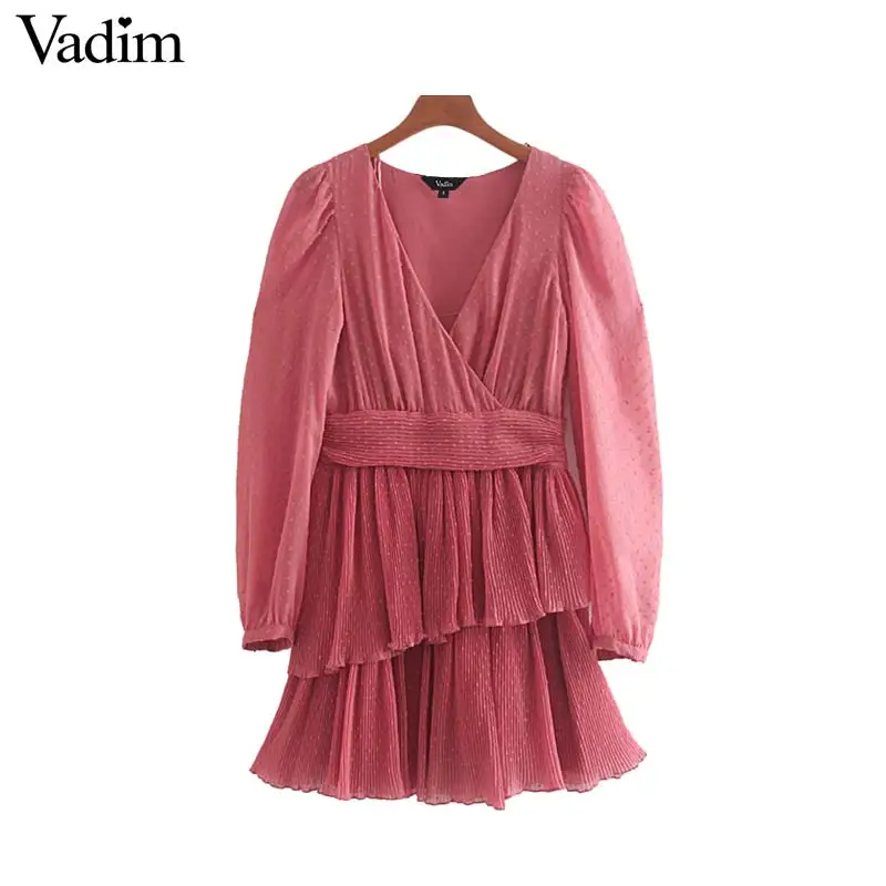Vadim, милый, Женский мини-платье в сборку, с v-образным вырезом, с длинным рукавом, плиссированные, с молнией сбоку, женские милые розовые платья в консервативном стиле, QC761