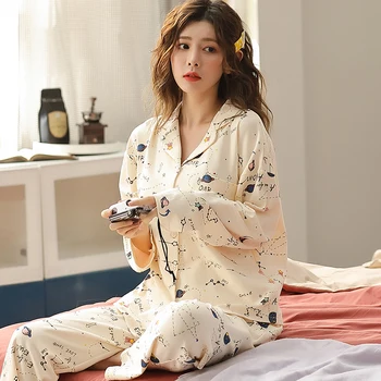 

Women Pajamas Geometric Design Pyjamas Female Cardigan Long Sleeve Set Autumn Full Cotton Sleepwear Casual nightwear homewear