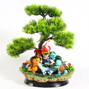 

Anime Ash Ketchum with Charmander Bulbasaur Squirtle under Tree Action Figure Model Toys