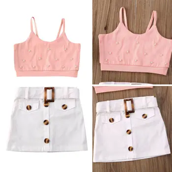

Kids Toddler Baby Girl Holiday Summer sling imitation pearl Cropped Top Button belt Skirt Outfit Set Clothes 6M-5Y