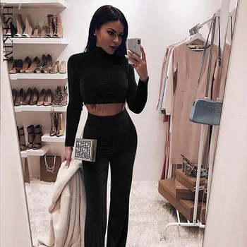 

Winter New Velvet Women Suits Two Pieces Set Short Cropped Top and Flared Trousers Turtleneck Dresses for Womens