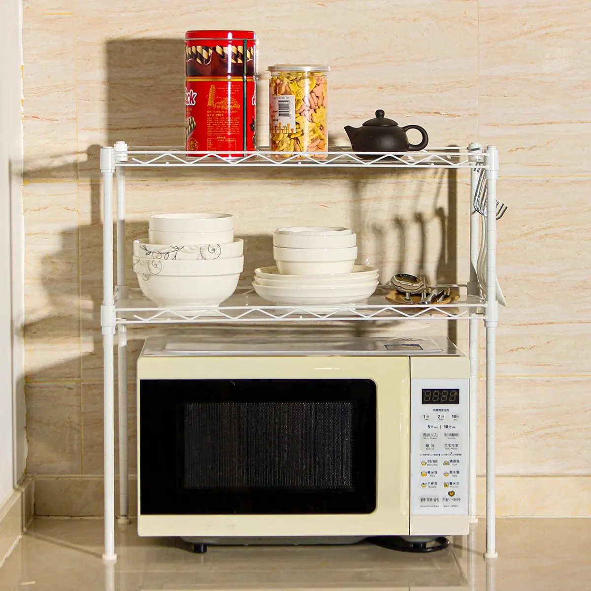 

Microwave Shelf Rack Kitchen Shelf Spice Organizer Kitchen Storage Rack 2-Tier Adjustable Carbon Steel Book Shoes Storage Shelve
