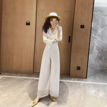 

Plus Size Autumn Winter Modis Two Piece Set White Blouse and Wide Leg Pants Ladies Streetwear Casual Fall Christmas 2 Piece Set