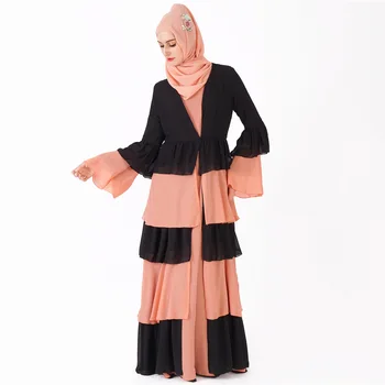 

Chiffon Young Lady Abaya Dress Double Colour Splice Cupcake Dress Muslim Clothes For Female Arabic Clothing Long Robe Gown