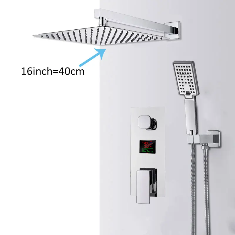 Хром Ванная комната цифровой Дисплей смеситель для душа насадка для душа с эффектом светодиодный 2-полосная смеситель для ванной комнаты, Системы Ванна Душ MixerTap - Цвет: 16inch