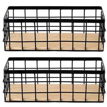 

2x Iron Wall Shelf With Wooden Board Hanging Storage Basket Sundries Shelves Holder Storage Rack Home Decoration