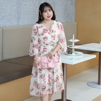 

Women's Spring French Chiffon V-neck Print Dress Plus Size Calf Length Casual Dress 100Kg Can Wear