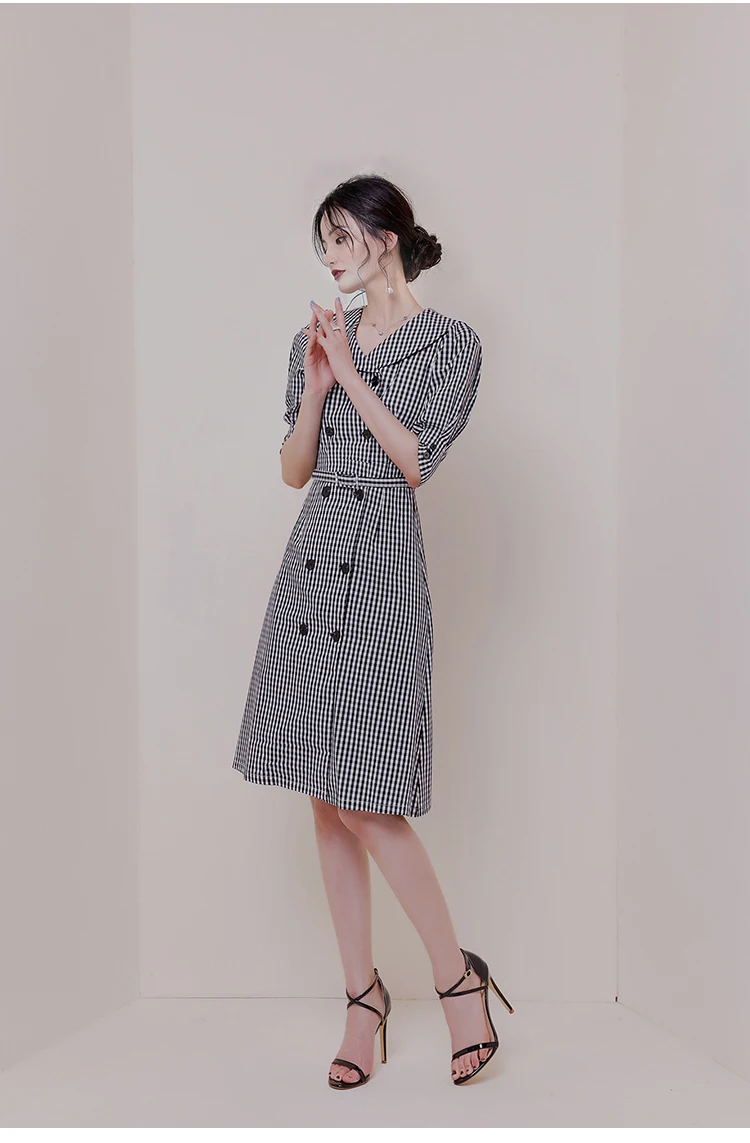 Small Fragrance Autumn Vintage Dress New Retro Plaid Dresses for Women Double-breasted Slim Chic High Waist Dress OL Dress