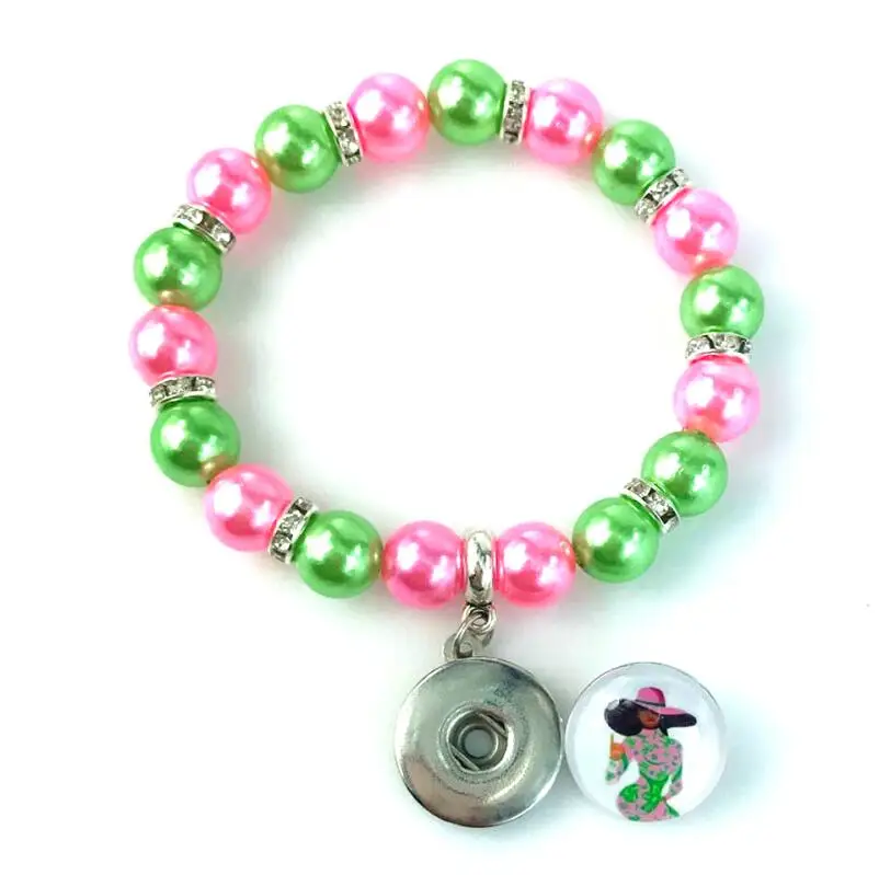 1 High quality Pink green peral Elastic bracelet Leaf shape AKA Sorority Crest charm souvenir for18mm snap bracelet women jewelry - Окраска металла: 1