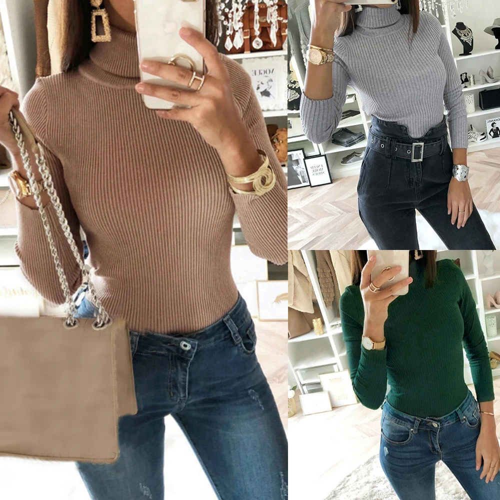 

2019 Women Turtleneck Long Sleeve Knit Sweatershirt Stretchy Solid Elastic Autumn Winter Female Slim Femme Mujer Jumper