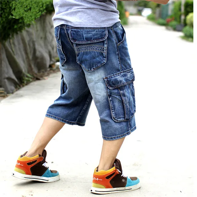 Hombre de talla grande suelta pantalones Denim jeans cortos para hombres de moda Streetwear Hip Hop 3/4 Capri pantalones de bolsillo de las hombre azul|Pantalones cortos| - AliExpress