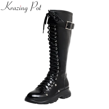 

Krazing Pot superstar cow leather platform thigh high boots zipper rivet winter shoes buckle brand riding knee-high boots L01