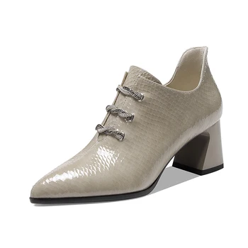 

Women Concise Pumps Spring Genuine Leather Square Heels Party Prom Office Shoes Woman Rome Brand High Heels
