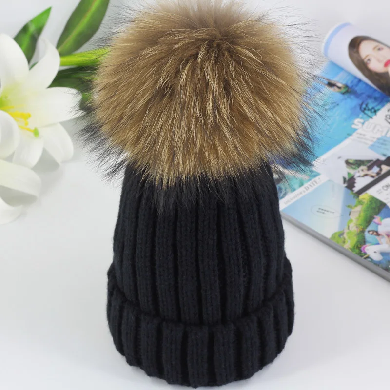 Winter Brand Female Fur Pom Poms hat Winter Hat For Women Girl 's Hat Knitted Beanies Cap Hat Thick Women Skullies Beanies - Цвет: black