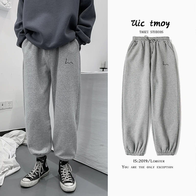 

Plus Velvet Sweatpants Men's Fashion Solid Color Casual Joggers Pants Man Streetwear Wild Hip Hop Loose Straight Trousers Male