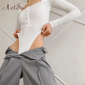 

Artsu Buttons Ribbed Long Sleeve Bodysuit Autumn Basic Bodycon Short Jumpsuit Square Collar White Body Suit Women Clothes