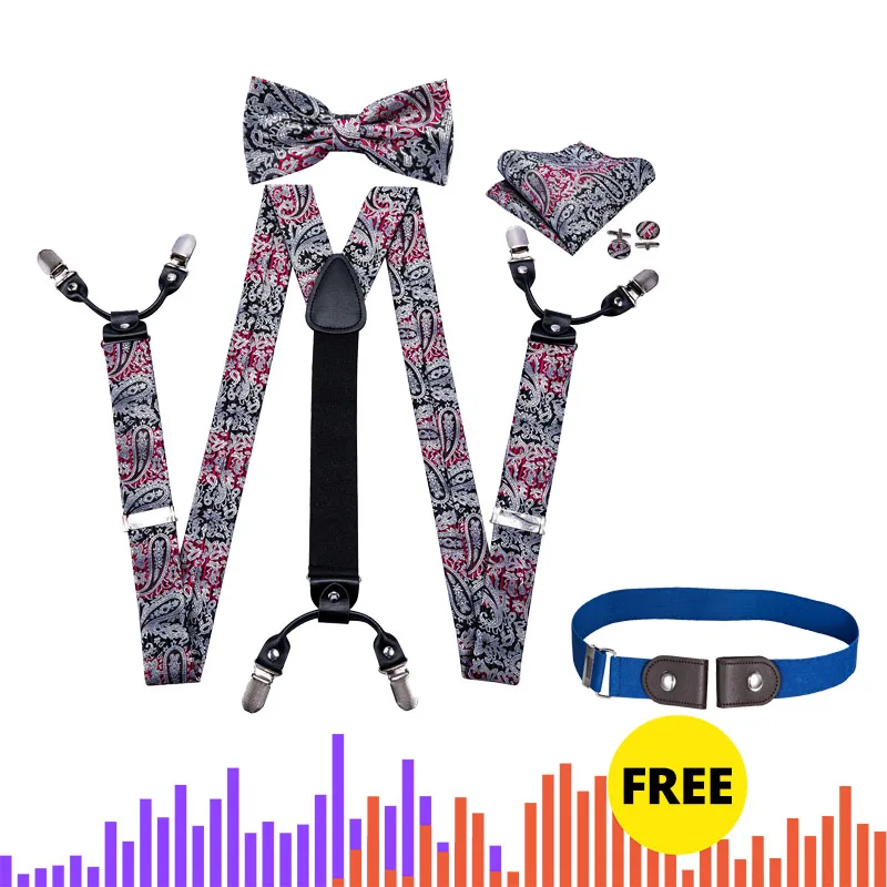 Barry.Wang Men Silk Suspender Set Y-shape Leather Brace 6 Clips Gray Floral Strap Vintage Elastic Suspender with Free Gift Belt